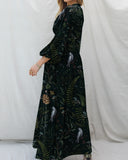 Mystic Leaves And Parrot Pinecone Crystal Mushroom Print Long Sleeve V-Neck Dress