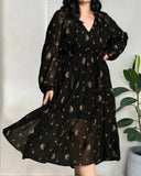 Magical Moon And Sun Family Print V-neck Plus Size Midi Blouse Dress