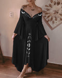 Mystic Moon Phase Printed Ruffle Sleeves Maxi Dress