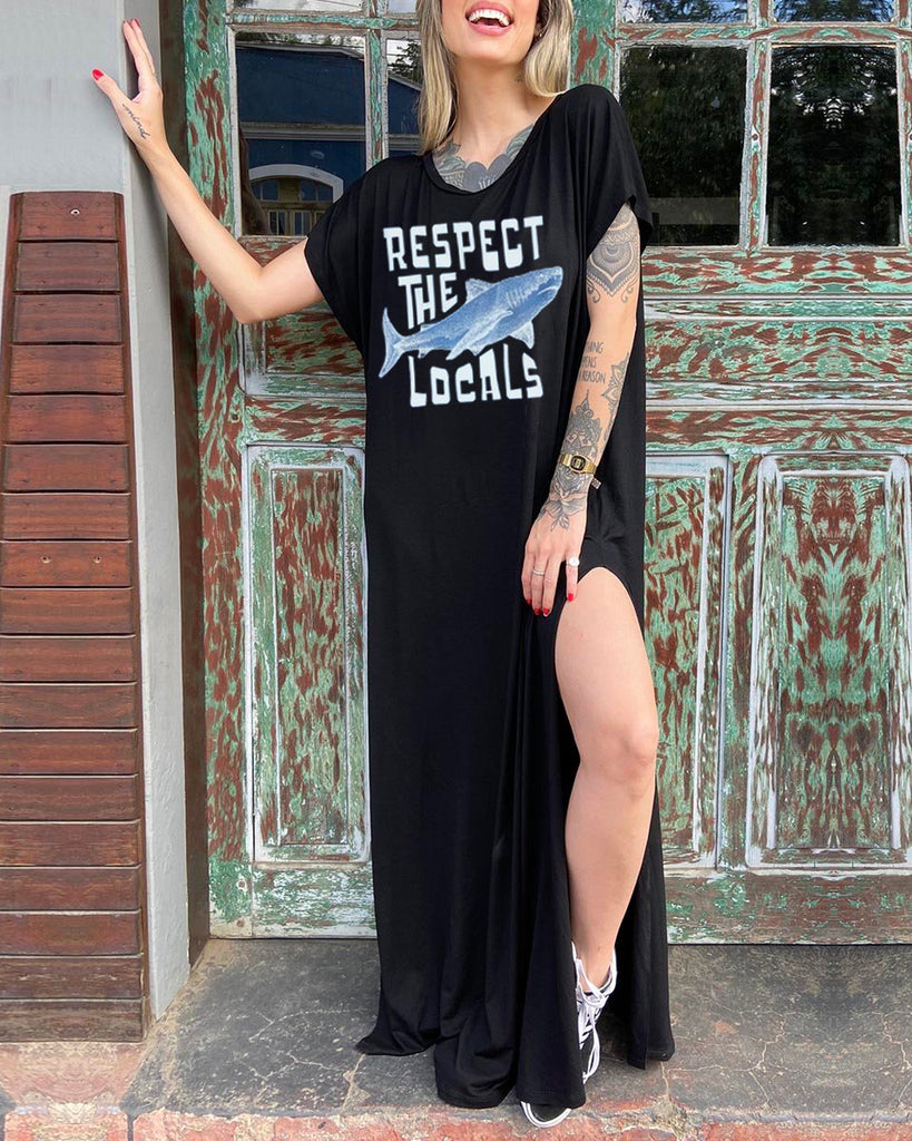 Casual 'Respect The Locals' And Whale Print Slit Dress