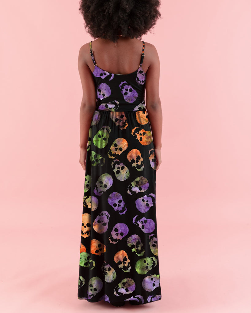 Halloween Psychedelic Colored Skulls Printed Slit Halter Dress