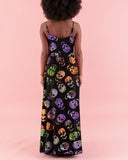 Halloween Psychedelic Colored Skulls Printed Slit Halter Dress