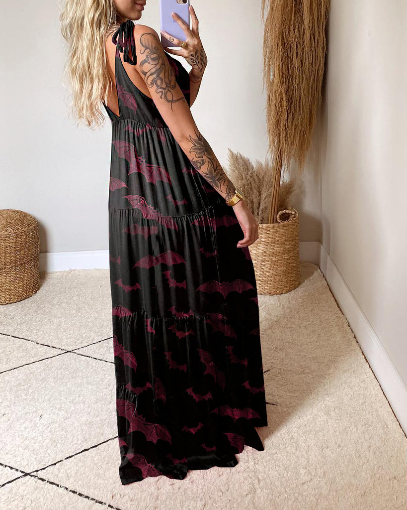 Mysterious Thing Dark Rose Red Bat Family Printed Strap Dress