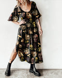 Skull Family Sunflower Print Slit Dress