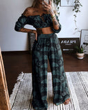 Navy Green Bat Print Off Shoulder Two Piece Set