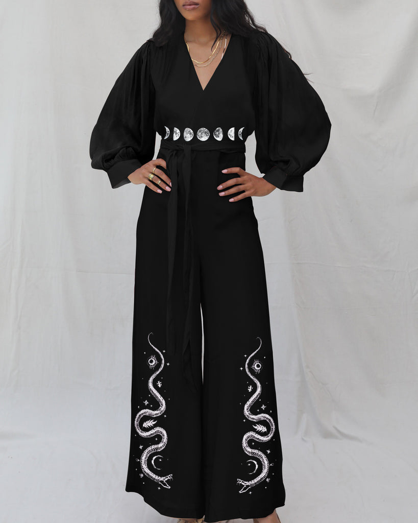 Mystical Moon and Snake Graphic Position Print Jumpsuit