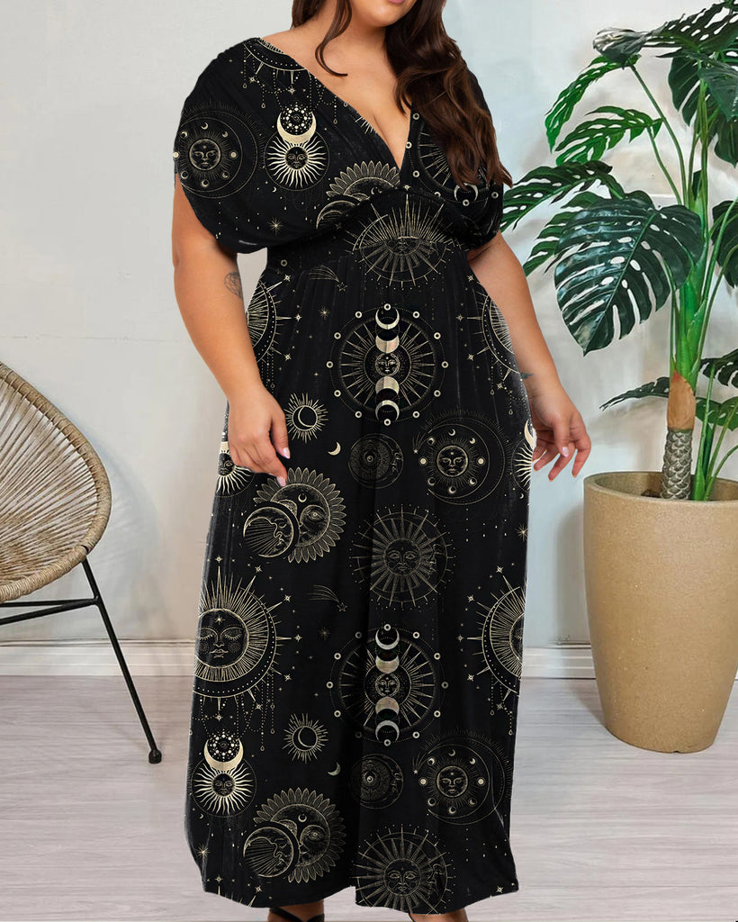 Elegant Black Star Print Large Size Drawstring V-neck Waist Dress