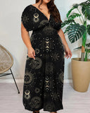 Elegant Black Star Print Plus Size Drawstring V-neck Waist Dress