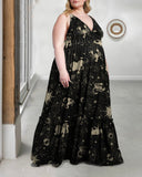Mysterious Golden Constellation Pattern Printed Large Size  A-line Dress