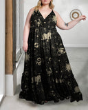 Mysterious Golden Constellation Pattern Printed Large Size  A-line Dress
