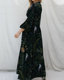 Mystic Leaves And Parrot Pinecone Crystal Mushroom Print Long Sleeve V-Neck Dress