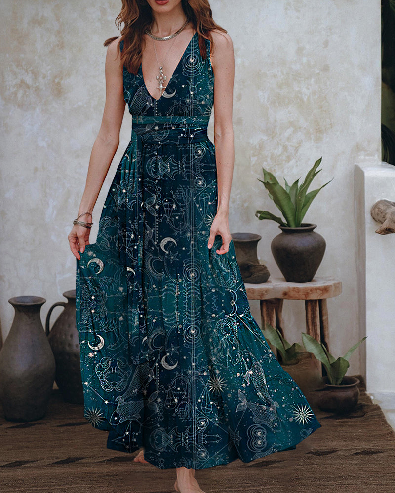 Undersea Fish And Constellation Print Slip Backless Dress
