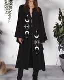 Mysterious Moon Positioning Printed Button Dark Pattern Lace Cardigan Dress