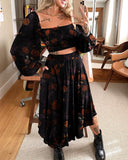 Halloween Bat And Maple Leaf Print Long-Sleeved Two-Piece Set