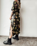 Skull Family Sunflower Print Slit Dress