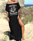 "Respect the locals and save the sharks" Graphic Print Casual Slit Dress