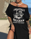 "Respect the locals and save the sharks" Graphic Print Casual Slit Dress