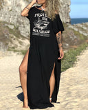 "Respect the locals and save the sharks" Graphic Print Casual Slit Dress