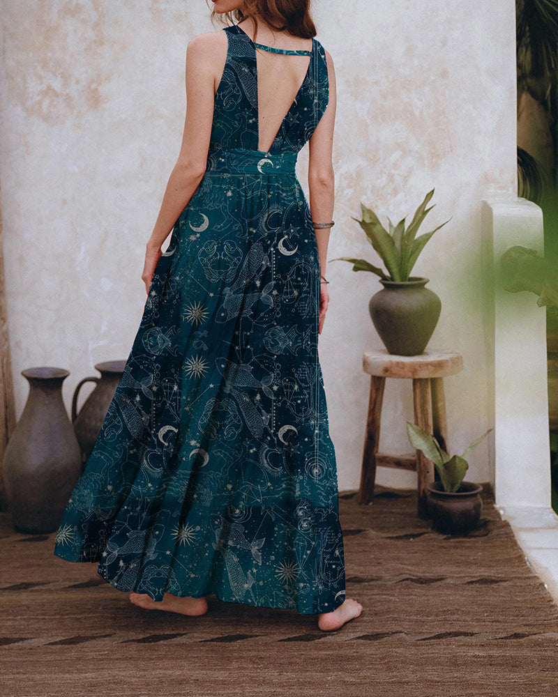 Undersea Fish And Constellation Print Slip Backless Dress