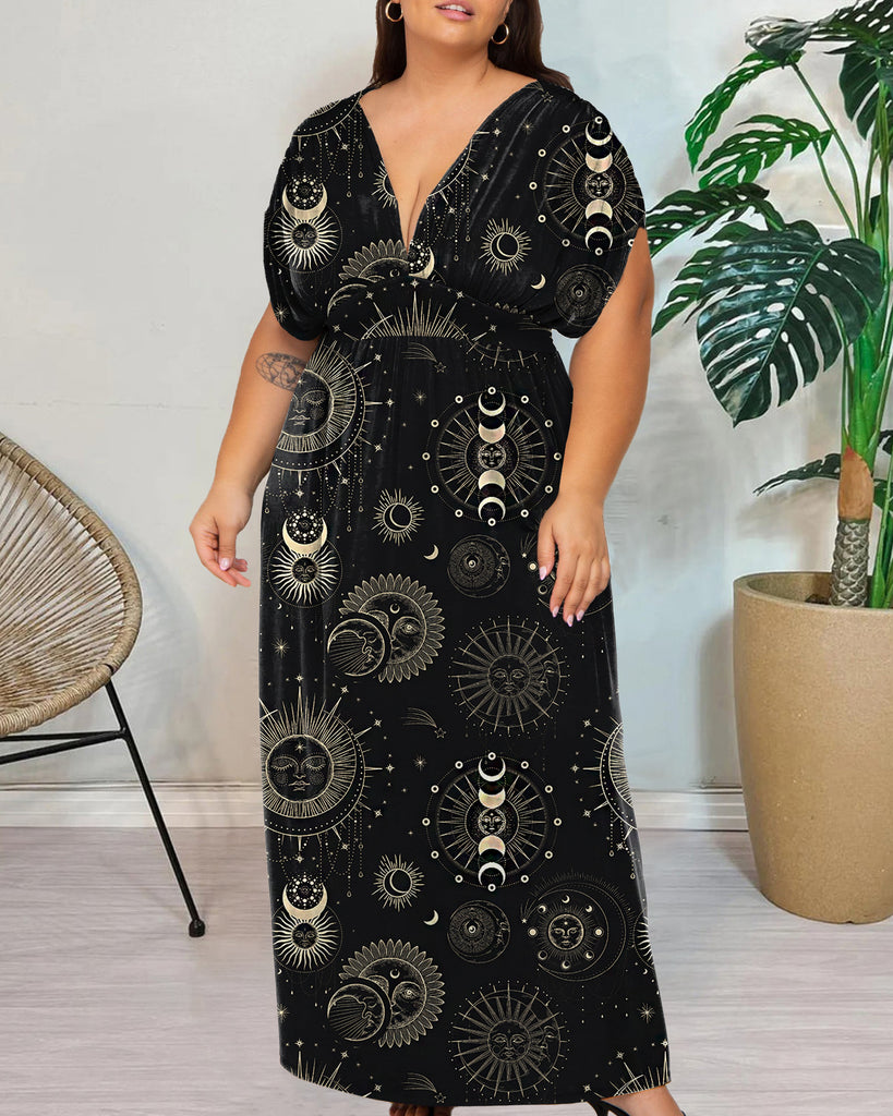 Elegant Black Star Print Large Size Drawstring V-neck Waist Dress