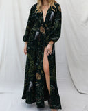 Mystic Leaves And Parrot Pinecone Crystal Mushroom Print Long Sleeve V-Neck Dress