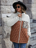 Long-sleeved Loose Crew Neck Zippered Leopard Print Fleece Jacket