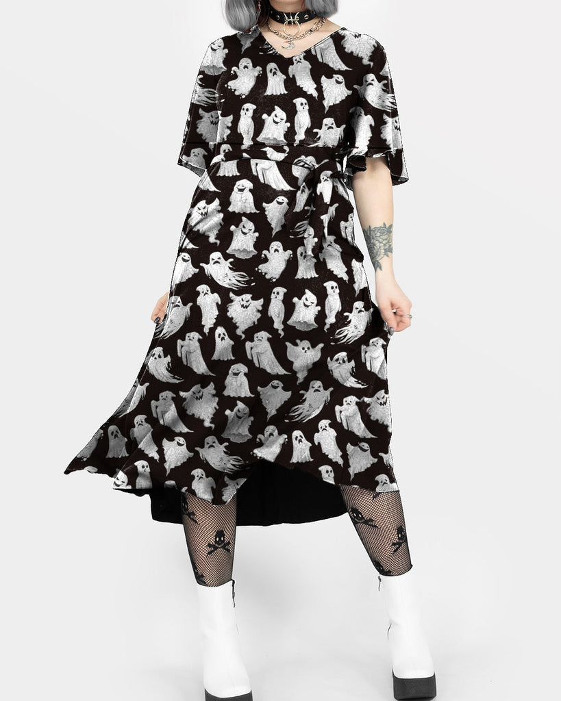 Dark Black Style Ghost Print V-Neck Dress