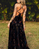 Dark Bird Print Open Waist Backless Slip Dress