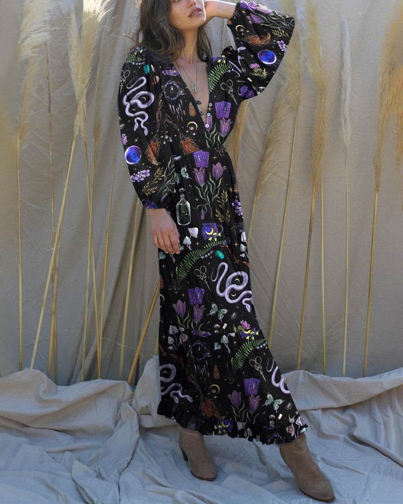 Witchery Snake Amethyst Printed Balloon Sleeves Maxi Dress