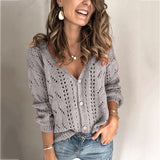 Solid Color V-Neck Sexy Hollow Jacquard Sweater Cardigan