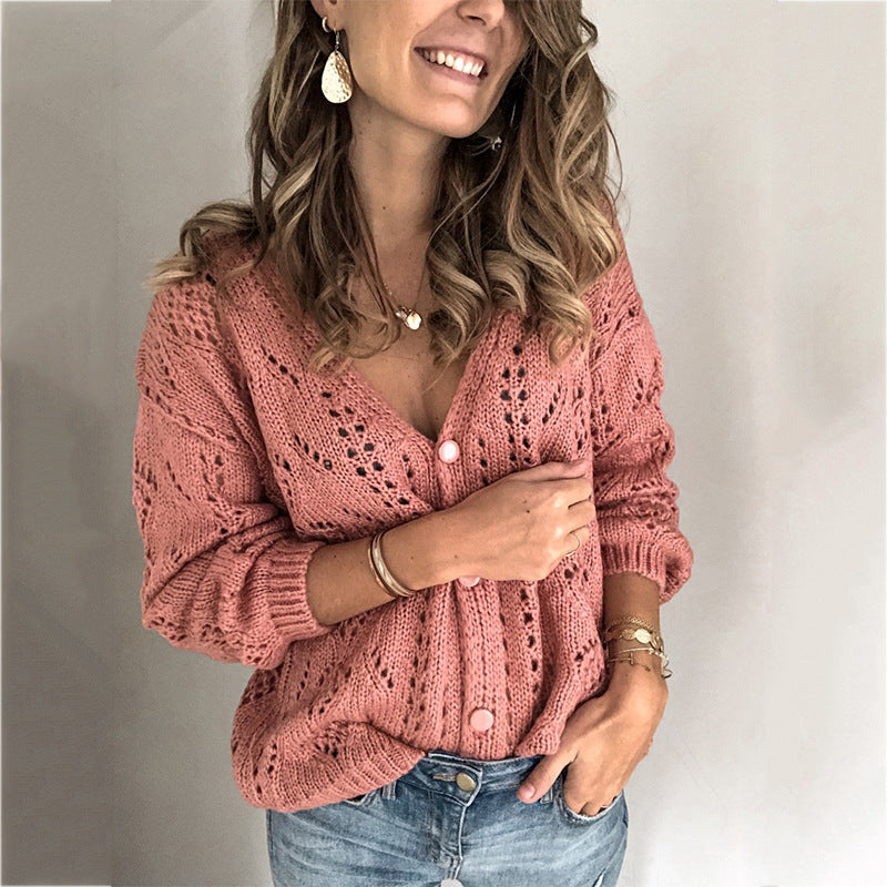 Solid Color V-Neck Sexy Hollow Jacquard Sweater Cardigan