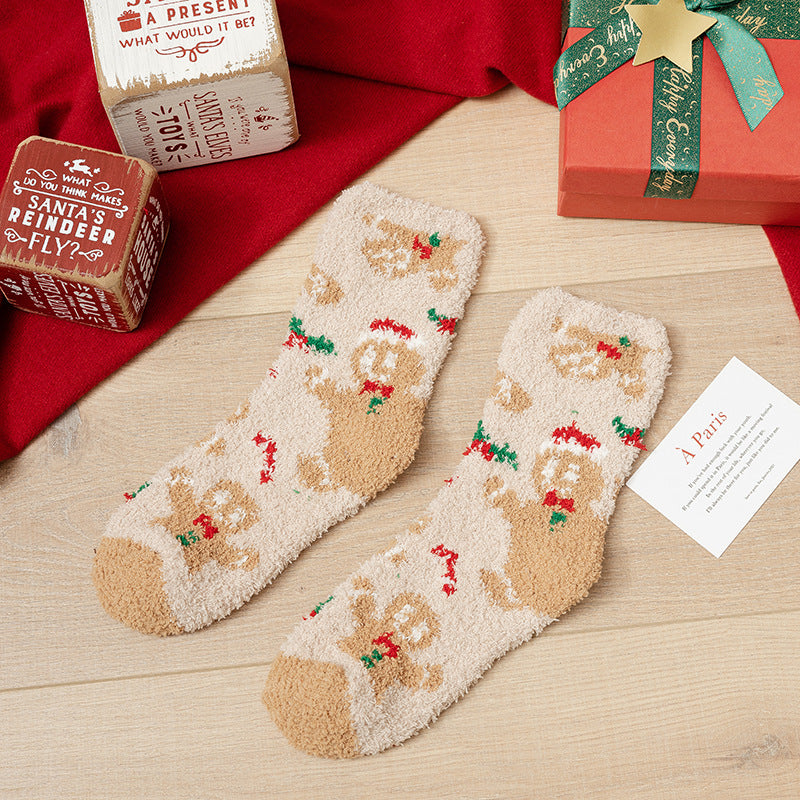 Khaki Gingerbread Man And Snowman Patterned Printed  Plush  Socks