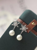 Christmas Zirconia Snowflake Imitation Pearl Earrings