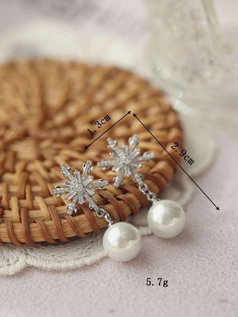 Christmas Zirconia Snowflake Imitation Pearl Earrings