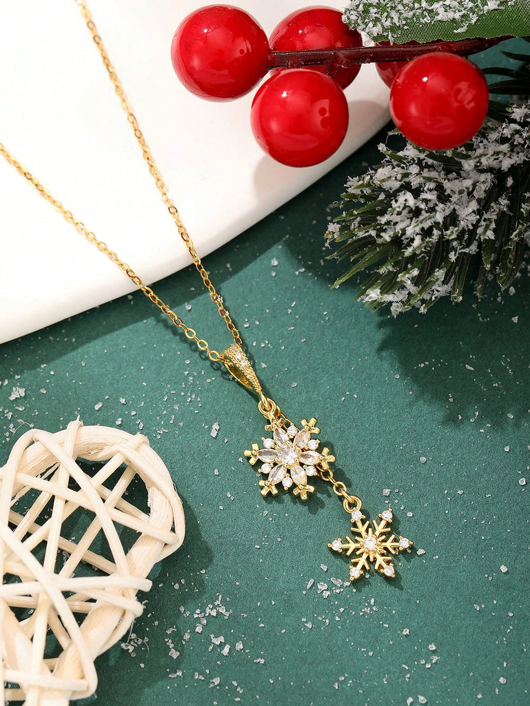 Stainless Steel Chain Necklace With Cubic Zirconia Snowflake Pendant