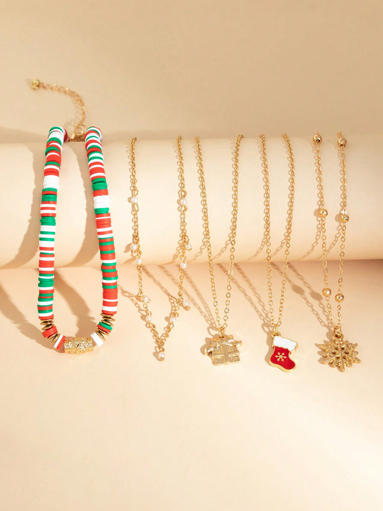 5pcs/set Personalized Stylish Christmas Socks & Tree Snowflake Pendant Collarbone Necklace