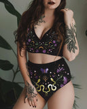 Green Snakes In Witchy Floral Forest Printed Bikini Set
