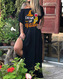 " DRINK UP Witches"  Print Casual Slit Dress
