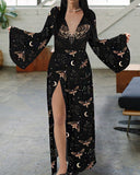Death's Head Moth Pattern Print V-neck Bohemian Dress