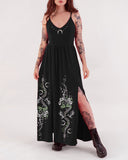 Silver Snake Luna Bats Plants Printed Slit Midi Dress