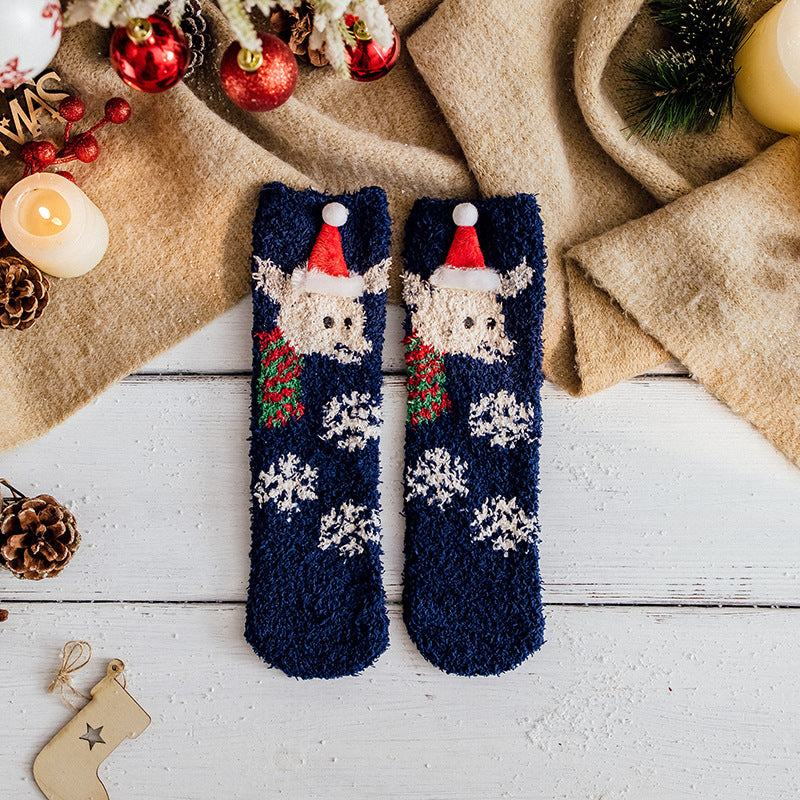 Snowflake and Christmas Hat Pattern Thickened Mid Length Socks
