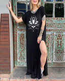 Witchy Skull Black Magic  Print Casual Slit Dress