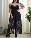 Mystic Luna Moths Plant Printed Plus Size Halter Cut-off Jumpsuit