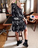 Death Tombstone Skull Witchery Printed Ruffles Long Sleeves Mini Dress