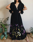 Green Snakes In Witchy Floral Forest Printed Hollow Sleeves Maxi Dress