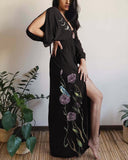 Silver Moon Phase Purple Floral Bird Printed Hollow Sleeves Maxi Dress