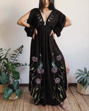 Silver Moon Phase Purple Floral Bird Printed Hollow Sleeves Maxi Dress