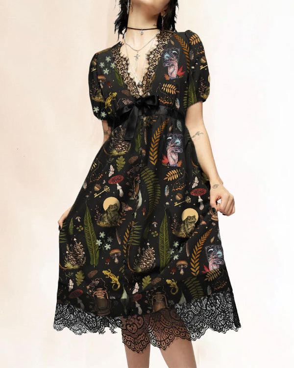 Dark Fantasy Fairytale Printed Lace Edge Midi Dress