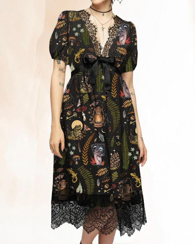 Dark Fantasy Fairytale Printed Lace Edge Midi Dress