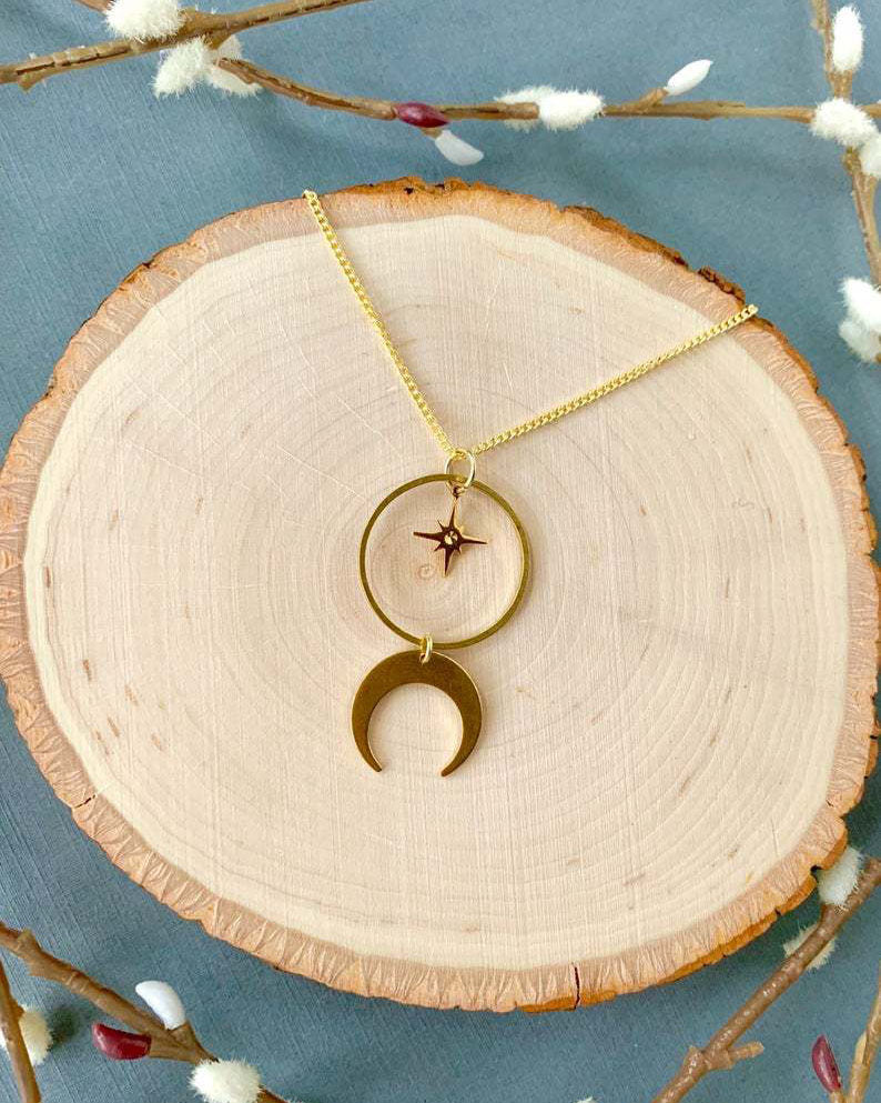 Mystical Golden Moon And Star Necklace